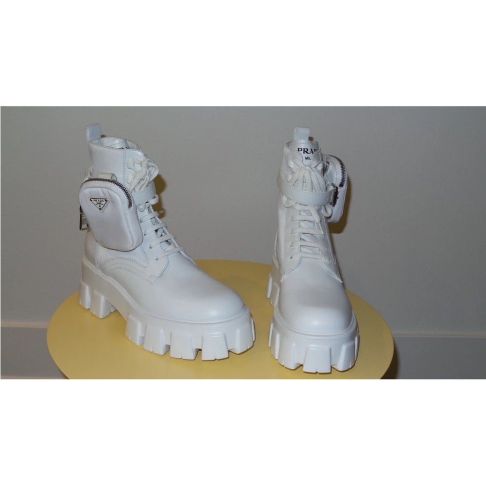 PRADA MONOLITH WHITE LEATHER BIKER BOOTS